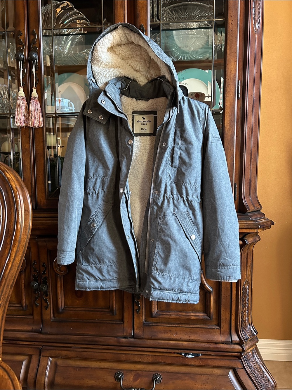 abercrombie kids Gray Sherpa-Lined Hooded Puffer Coat